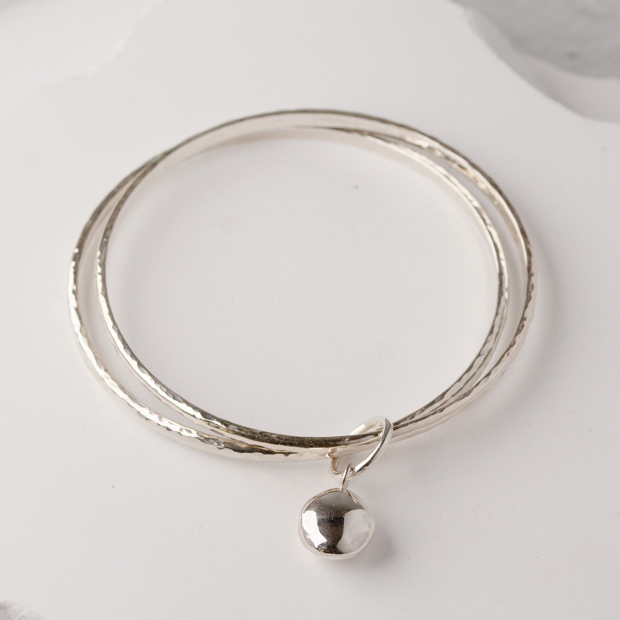 Mezza Hammered Silver Bangles with Pebble Charm