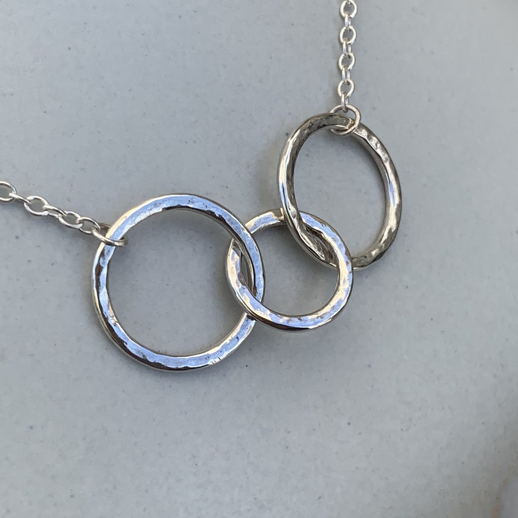 Caldera Tre-Anelli designer silver necklace handmade in Wiltshire, UK - close-up